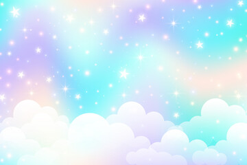 Holographic fantasy rainbow unicorn background with clouds and stars. Pastel color sky. Magical landscape, abstract fabulous pattern. Cute candy wallpaper. Vector. © Chorna_L