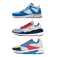 Vector illustration sets of sneaker shoes, fitness footwear for training, running, walking, sports on white background
