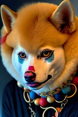 Funny dog dressed as a clown in clown makeup illustrated with generative AI