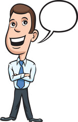 businessman cheerful standing talking with speech balloon - PNG image with transparent background