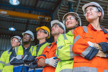 people group of engineer technician and service team worker in safety suit standing together happy smile