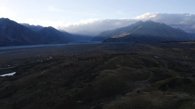 Mount Cook and neighboring mountains during sunset overlooking the valley