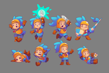 Cute knight character emotions isolated on background. Vector contemporary illustration of medieval soldier in armor with sword and shield happy, scared, relaxed, jumping, running, showing thumbs-up