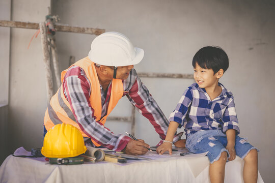 Engineer Builder Family Father Day Role Play Teaching Son Kid At Construction Site