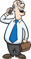 cartoon bald businessman with mobile phone on white background - PNG image with transparent background