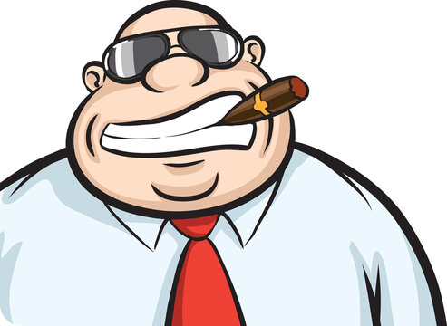 cartoon cheerful boss with speech bubble on white background - PNG image with transparent background