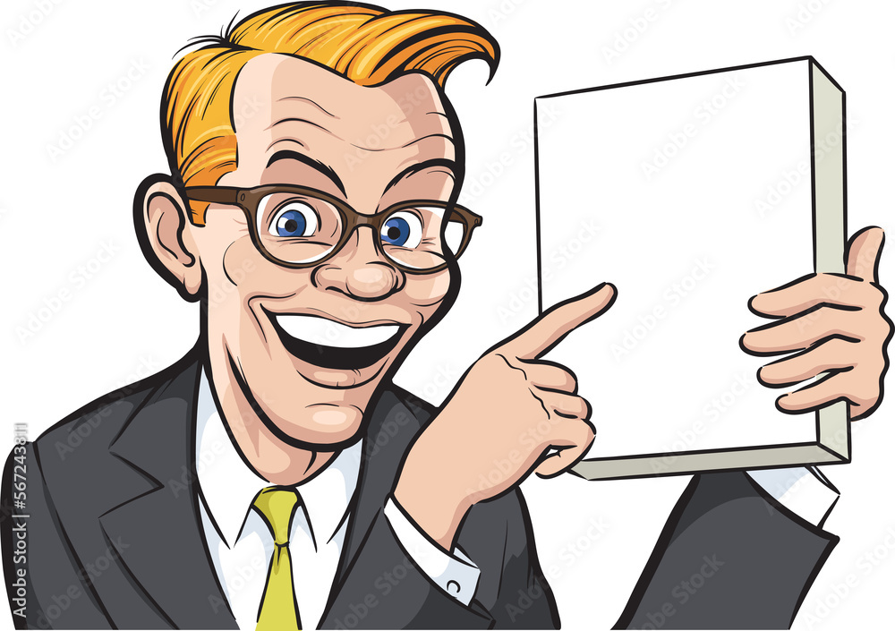 Poster smiling businessman pointing at blank box - png image with transparent background
