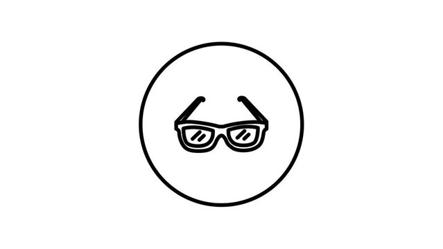 Dark sunglasses black and white line icon vector illustration in a circle, fashion accessory animation, self drawing