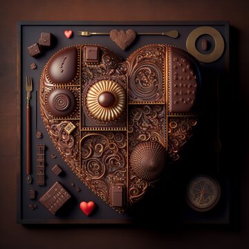 Chocolate cake in shape of heart, with steam-powered tech details. Steampunk, cyberpunk concept. Valentine's Day theme. Instagram promo. Generative AI illustration. 
