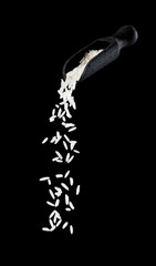 Rice fall, white grain rices pouring down abstract cloud fly from spoon