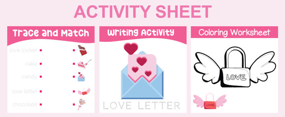3 in 1 Activity kit Valentine’s edition for preschool and kindergarten kids. Educational printable worksheet. Colouring page, complete missing letters, counting worksheet fun activity worksheet. 