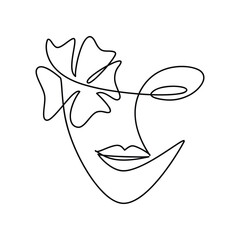 Hand drawn woman face with abstract flower continuous line drawing. Modern one line style illustration. Female portrait vector. Minimal design element for print, banner, wall art poster, brochure