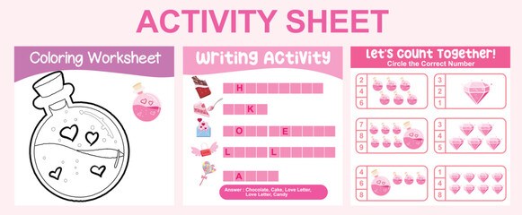 3 in 1 Activity kit Valentine’s edition for preschool and kindergarten kids. Educational printable worksheet. Colouring page, complete missing letters, counting worksheet fun activity worksheet. 