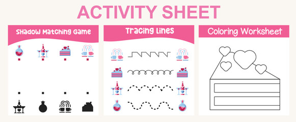 3 in 1 Activity kit Valentine’s edition for preschool and kindergarten kids. Educational printable worksheet. Colouring page, matching shadows, tracing lines fun activity worksheet. Vector file.