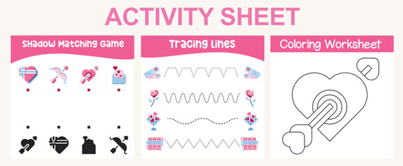 3 in 1 Activity kit Valentine’s edition for preschool and kindergarten kids. Educational printable worksheet. Colouring page, matching shadows, tracing lines fun activity worksheet. Vector file.