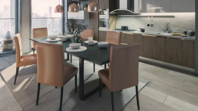 Kameraanimation zur Visualisierung eines Loft-Apartments mit Küche, Esstisch und Sofa-Garnitur - 3D Visualisierung
