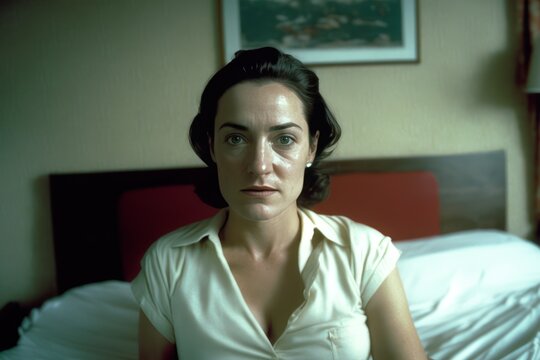 1960s vintage image of a Mid aged woman sitting at her bedroom bed looking at the camera. Generative AI