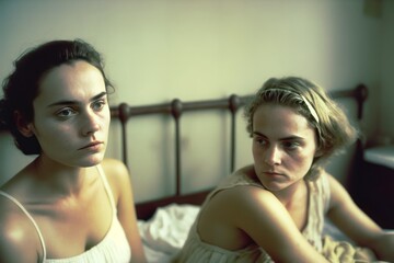 Fototapeta premium Vintage 1960s image of a lesbian couple in their bedroom. Generative AI