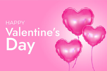 Lovely happy valentines day background with realistic pink heart balloons background design for greeting card, poster, banner. Vector illustration. 
