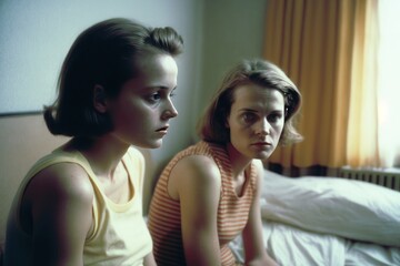 Vintage 1960s image of a lesbian couple in their bedroom. Generative AI