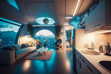 Futuristic small apartment living room and a kitchen, Generative AI