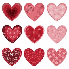 Fototapeta na wymiar Set of red and pink hearts with romantic patterns. JPEG illustration for stickers, creating patterns, wallpaper, wrapping paper, for postcards, design template, fabric, clothing, cross-stitch.
