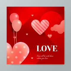 Valentine day square poster. Vector illustration. Paper hearts, clouds, flying hot air balloon, red romantic background. Cute love sale banner, voucher template, greeting card. Place for text.
