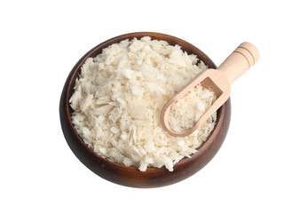 Bread crumbs for frying in wooden cup on white background
