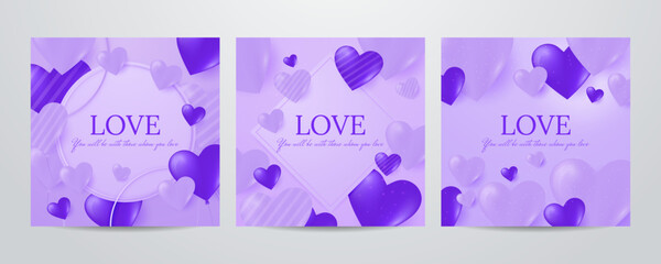 Set of valentine day background with various purple violet hearts love balloon. Flat lay style greeting composition.