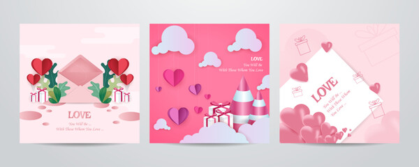 Fototapeta na wymiar Happy Valentine's Day square poster or banner with cute sky, sweet hearts and gift box on red background. Promotion and shopping template or background for Love and Valentine's day greeting card