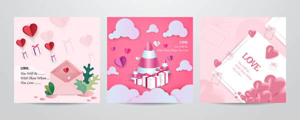 Happy Valentine's Day square poster or banner with cute sky, sweet hearts and gift box on red background. Promotion and shopping template or background for Love and Valentine's day greeting card