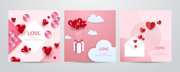 Happy Valentine's Day square poster or banner with cute sky, sweet hearts and gift box on red background. Promotion and shopping template or background for Love and Valentine's day greeting card