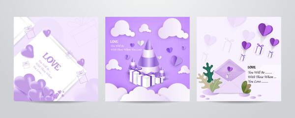 Happy Valentines Day cards, posters, covers set. Abstract minimal templates in modern geometric style with hearts pattern for celebration, decoration, branding, packaging, web and social media banners