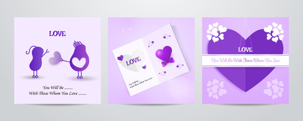 Happy Valentines Day cards, posters, covers set. Abstract minimal templates in modern geometric style with hearts pattern for celebration, decoration, branding, packaging, web and social media banners