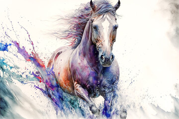 Wild Horse run watercolor paint. Generative AI