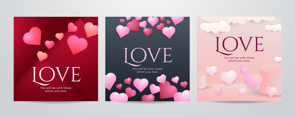 Paper art Valentine's day concept square banner with paper cut ribbon, sky, confetti, and a lot of hearts on a red background with space for text.