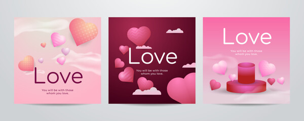 Paper art Valentine's day concept square banner with paper cut ribbon, sky, confetti, and a lot of hearts on a red background with space for text.