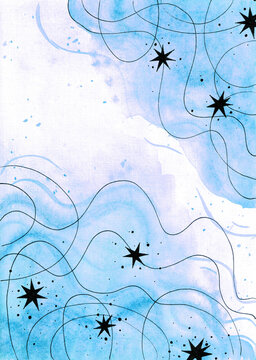 blue abstract watercolor background. starry sky. stars and lines on a watercolor gradient.