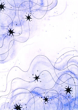 lavender abstract watercolor background. starry sky. stars and lines on a watercolor gradient.