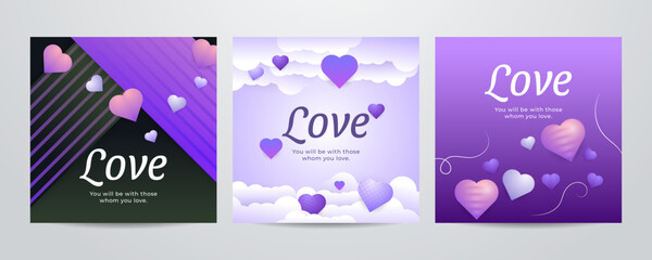 Valentine day square poster template. Vector illustration. Paper hearts, clouds, flying hot air balloon in romantic background. Cute love sale banner, voucher template, greeting card. Place for text.