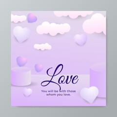 Happy valentine day background with various purple love hearts balloon. Flat lay style greeting composition.