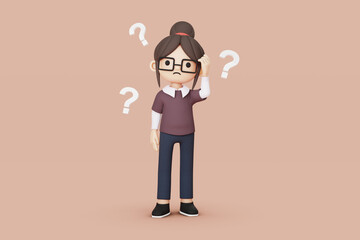 girl character with glasses confused 3d illustration