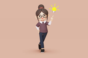 girl character with glasses have idea 3d illustration