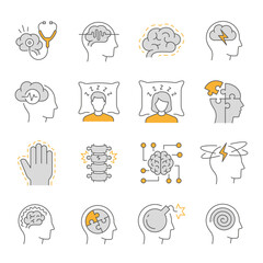 Neurology line icons, such as Alzheimer's disease, Parkinson, insomnia, memory impairment and more. Editable stroke.