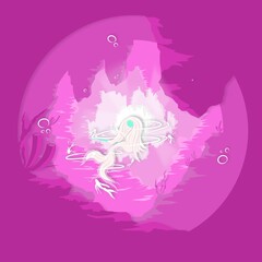 Illustration of a mermaid in a deep sea trough playing with fish