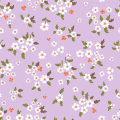 Vector floral seamless pattern. Abstract luxurious pattern with small white and orange flowers on a lilac background with leaves and branches. Liberty style wallpaper, rustic vintage style.