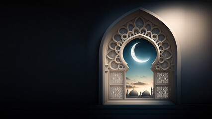 3D Render Of Mosque Window Arch With Realistic Crescent Moon. Islamic Religious Concept.