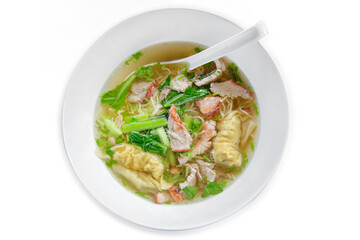Top view of Wonton Noodles Soup with pork and special Soup, focus selective