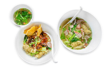 Top view of Wonton Noodles Soup with pork and special Soup, focus selective