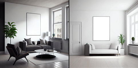 apartment modern living room with furniture indoor blank wall art mockup, generative AI